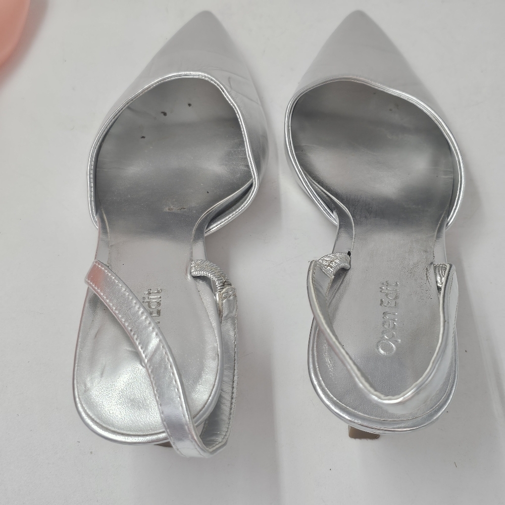 Open Edit Silver Pointed Toe Slingback Kitten Heels Womens - Picture 9 of 11